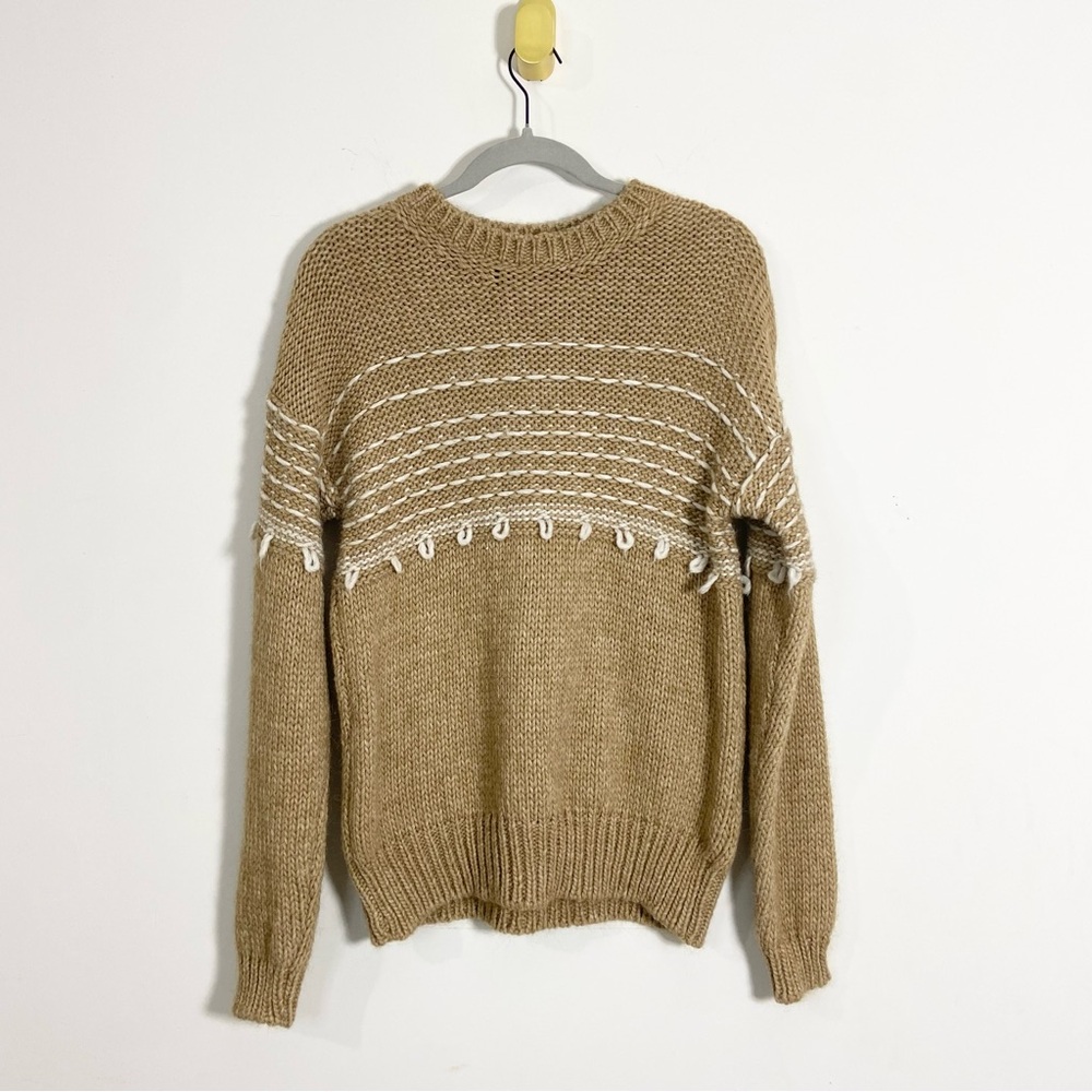 Elsamanda Tan Camel Brown Alpaca Wool Knit Crewneck Sweater